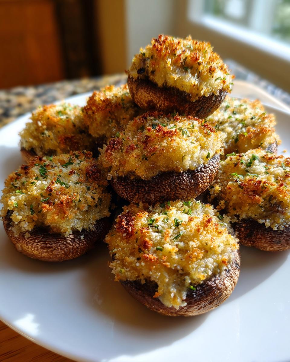 A pile of golden brown stuffed mushrooms recipe appetizers with crispy breadcrumb topping on a white plate.