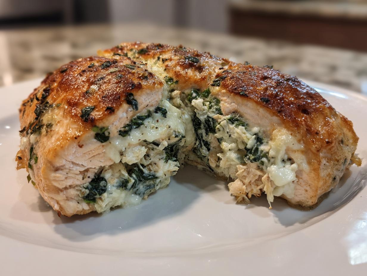 Close-up of a baked stuffed salmon fillet cut in half, revealing a creamy spinach and cheese filling inside.