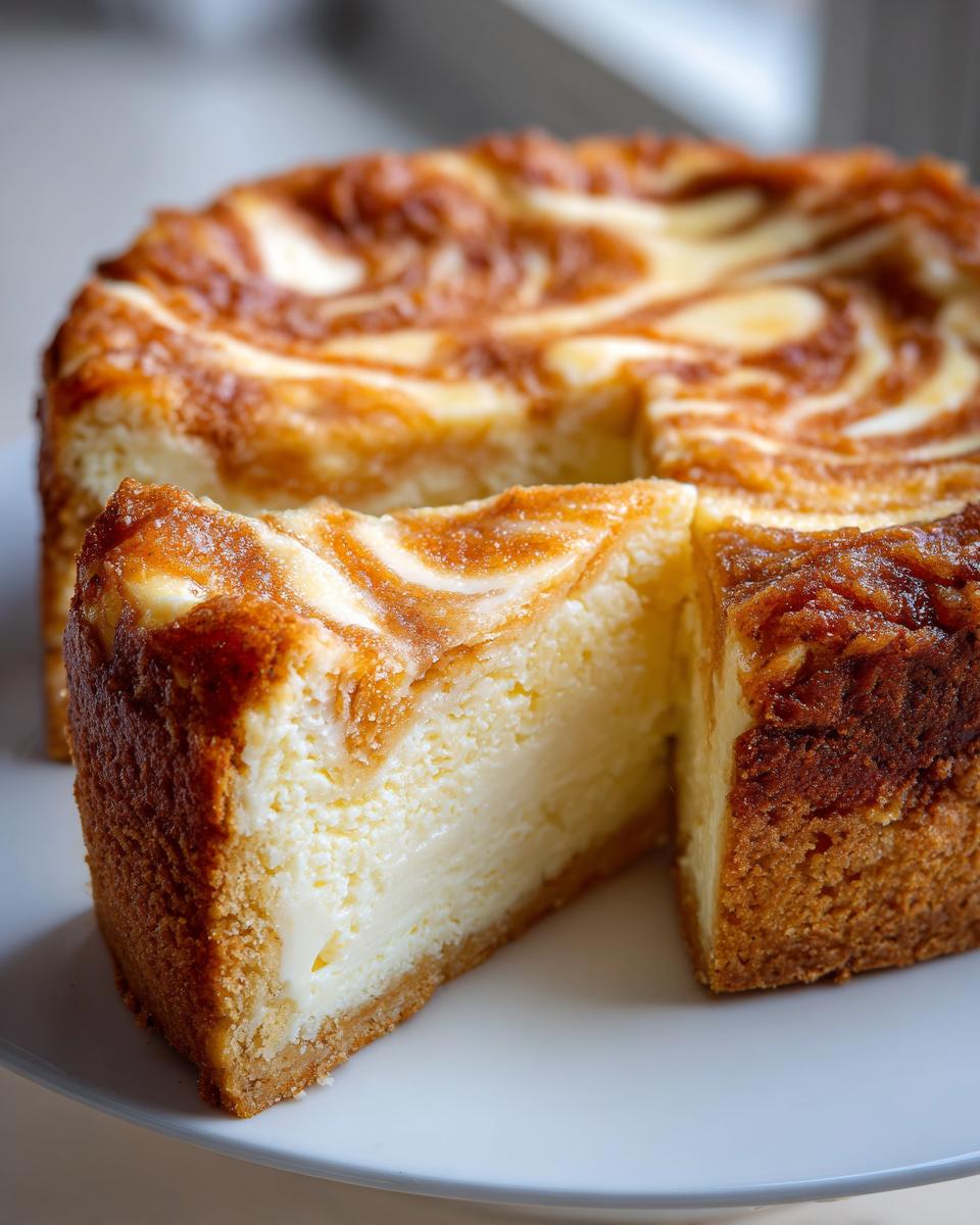 A close-up of a rich sugar cookie cheesecake with a slice cut out, showing the creamy filling and swirled caramelized top.