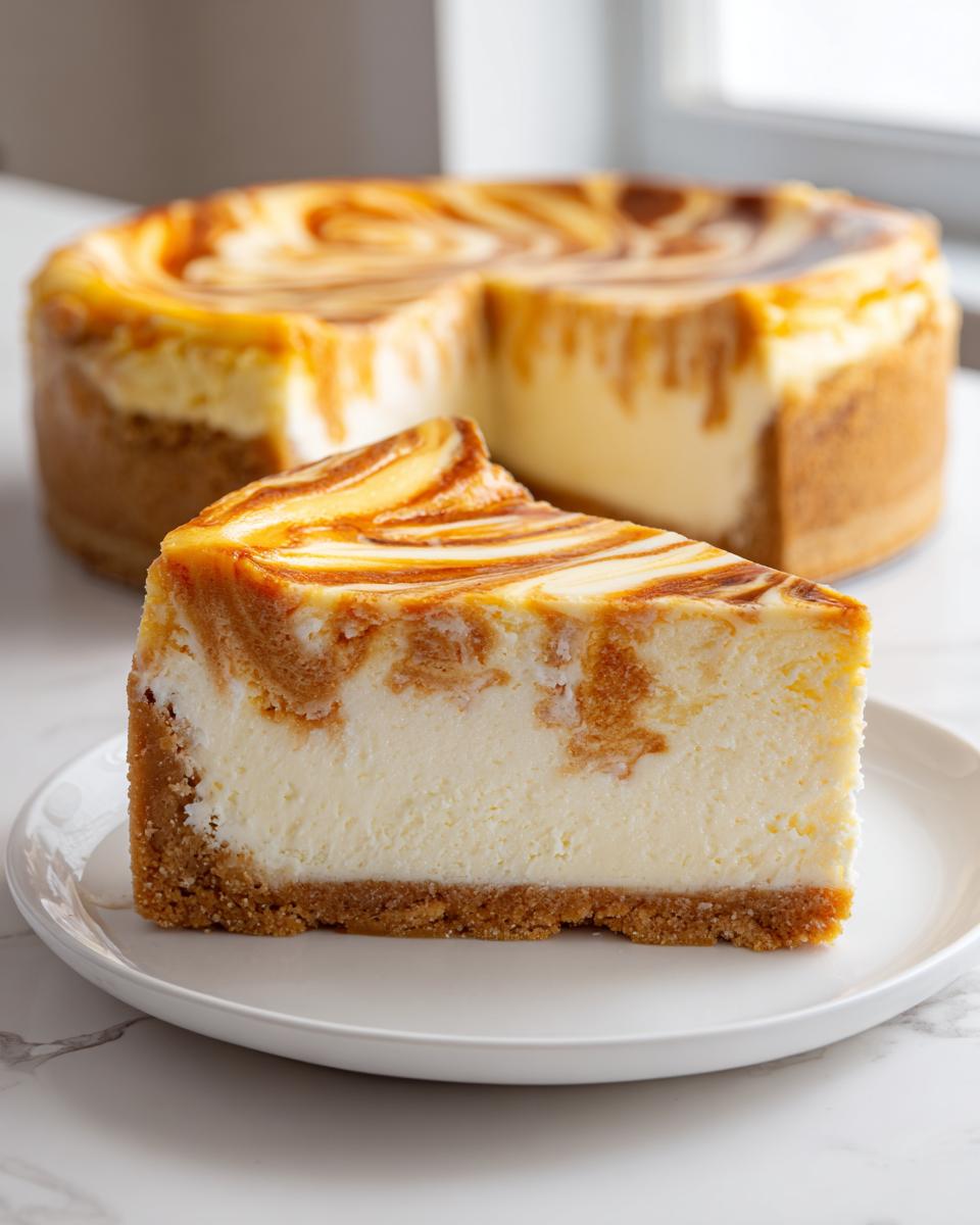 A thick slice of sugar cookie cheesecake with a graham cracker crust and a beautiful caramel swirl topping, served on a white plate.