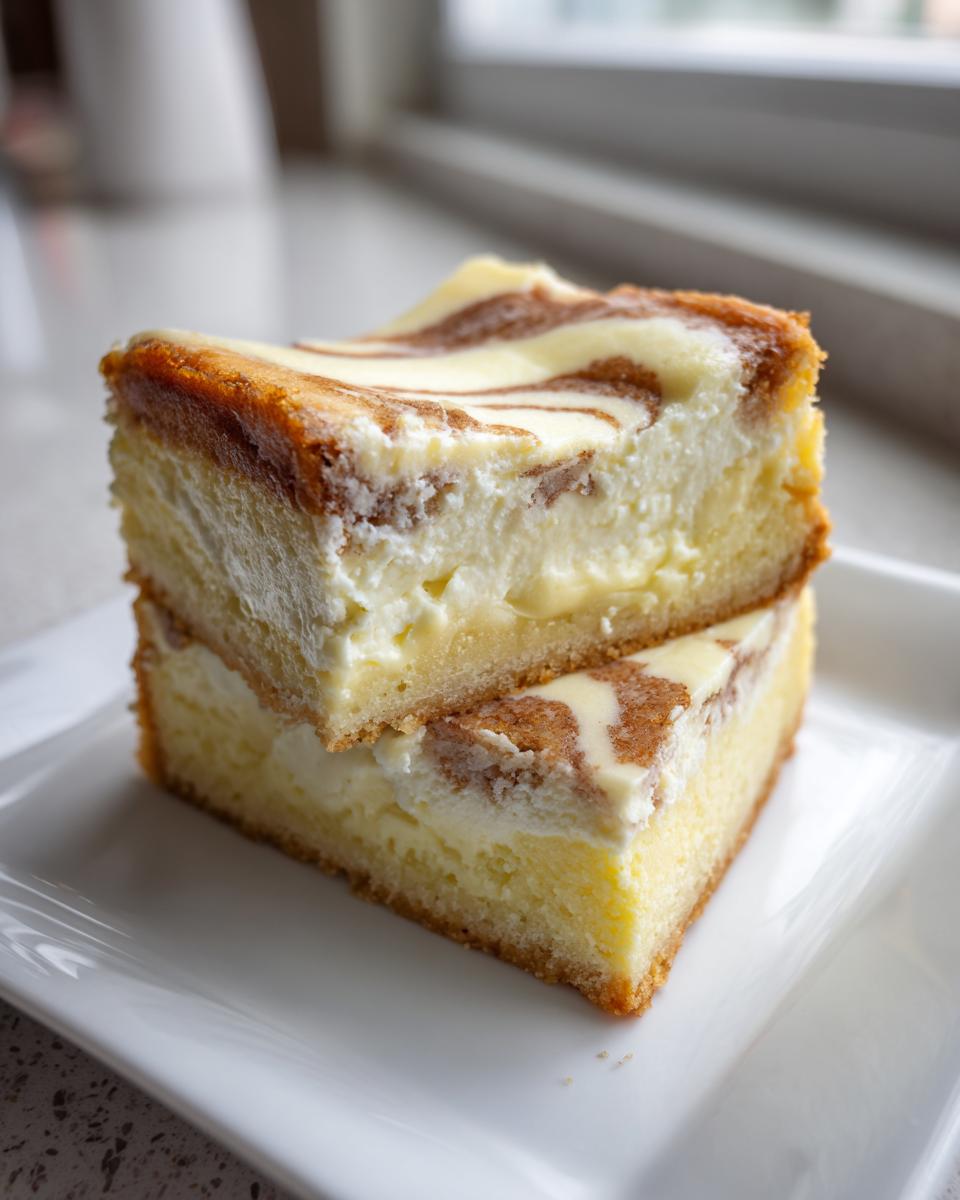 Two stacked slices of amazing sugar cookie cheesecake with a swirled, browned top, served on a white plate.