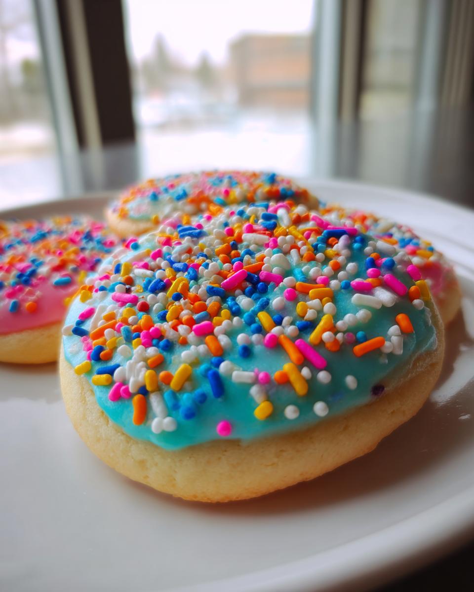 Close-up of sugar cookie icing topped with vibrant, multi-colored sprinkles on a white plate.