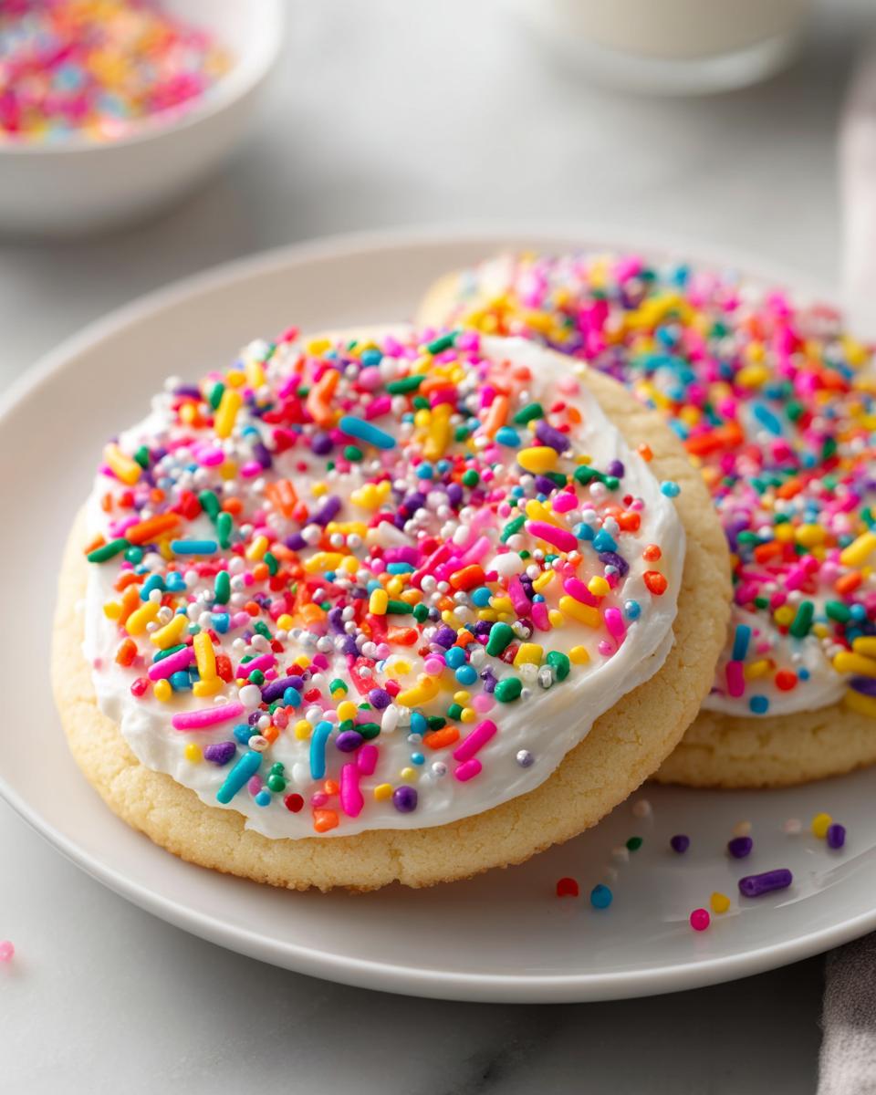 Two sugar cookies topped with thick white sugar cookie icing and covered in colorful rainbow sprinkles.