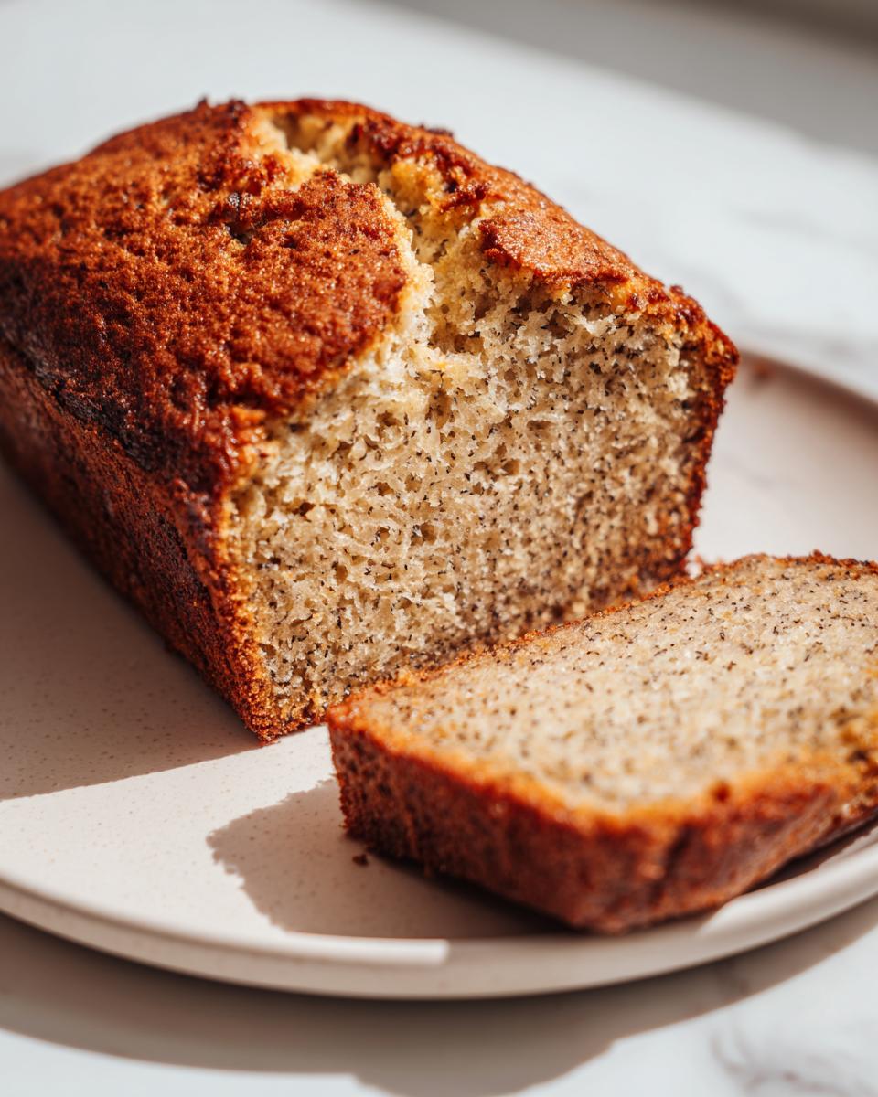 A loaf of moist sugar free banana bread with one slice cut, showing the speckled interior texture.