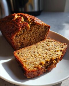 A close-up of a moist slice cut from a loaf of golden brown sugar free banana bread.