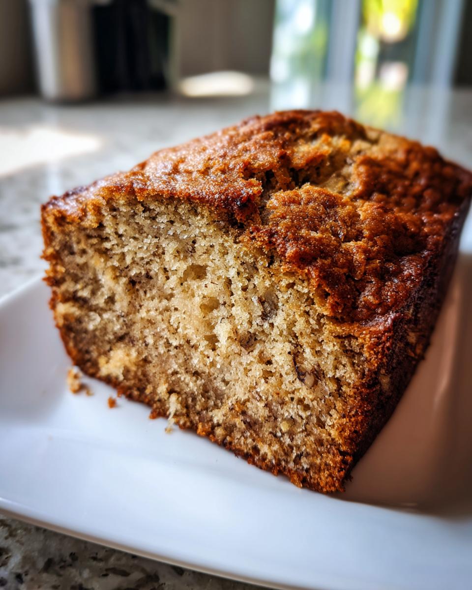Close-up of a moist slice of sugar free banana bread with a dark, caramelized crust, served on a white plate.