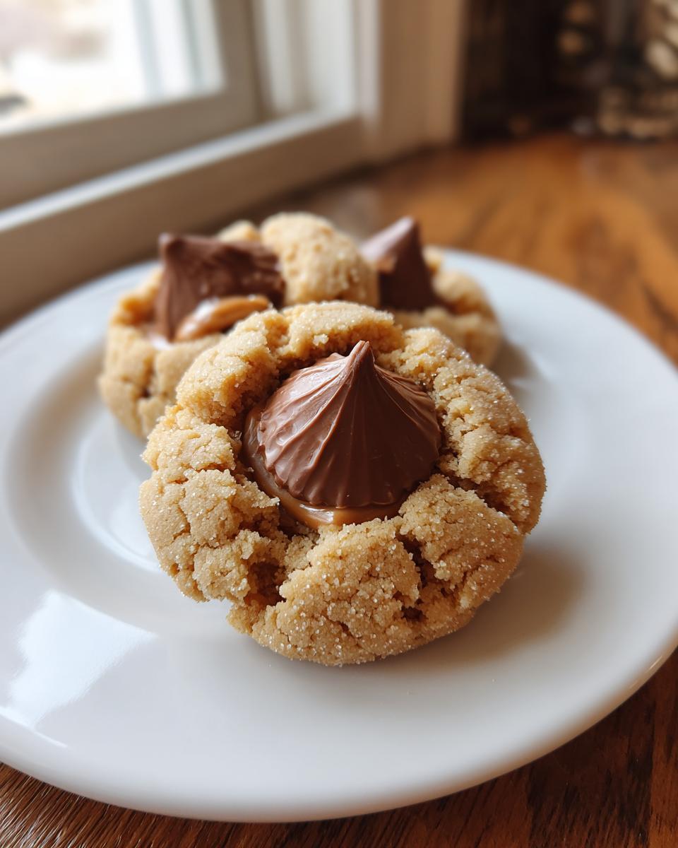 A close-up of a freshly baked peanut butter blossom cookie rolled in sugar, topped with a chocolate kiss.