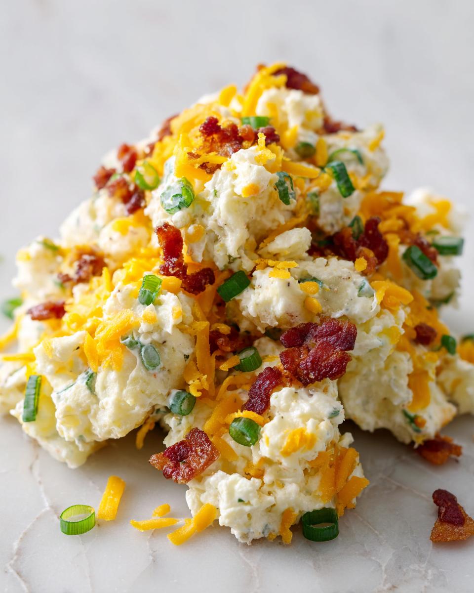 A mound of creamy baked potato salad topped generously with shredded cheddar cheese, crispy bacon bits, and sliced green onions.