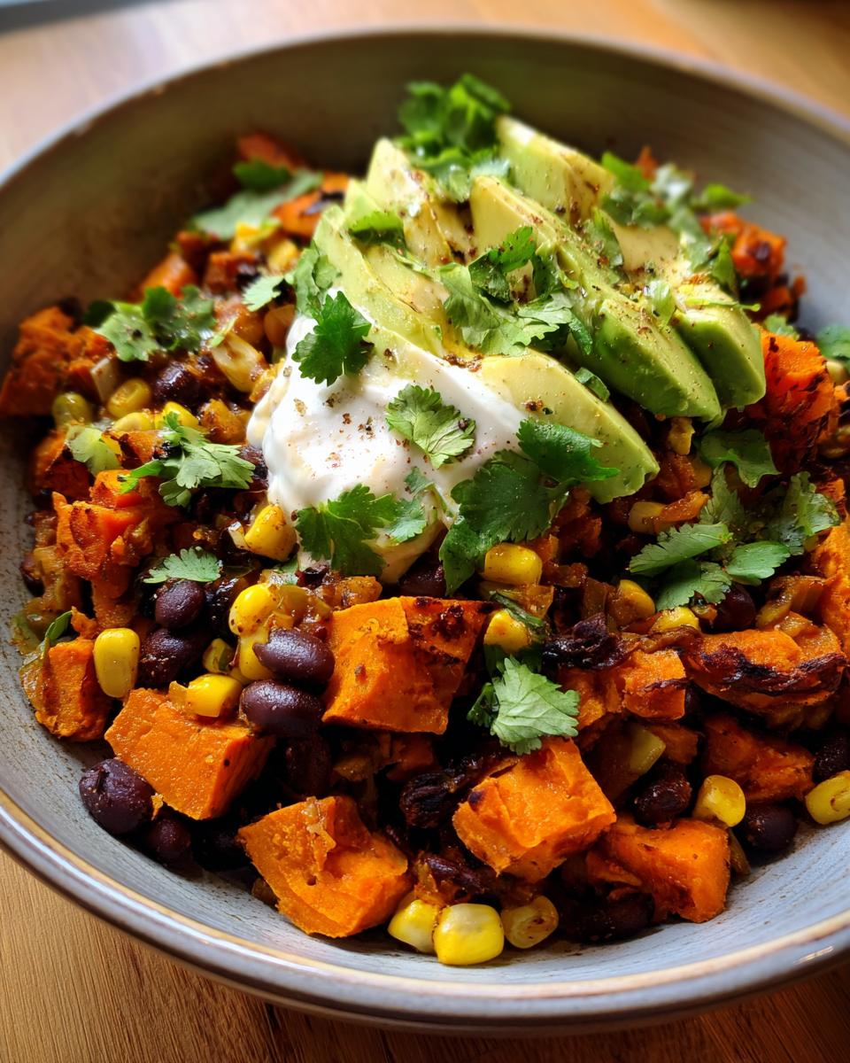 Close-up of a colorful sweet potato taco bowl featuring roasted sweet potatoes, black beans, corn, topped with sliced avocado and a dollop of sour cream.