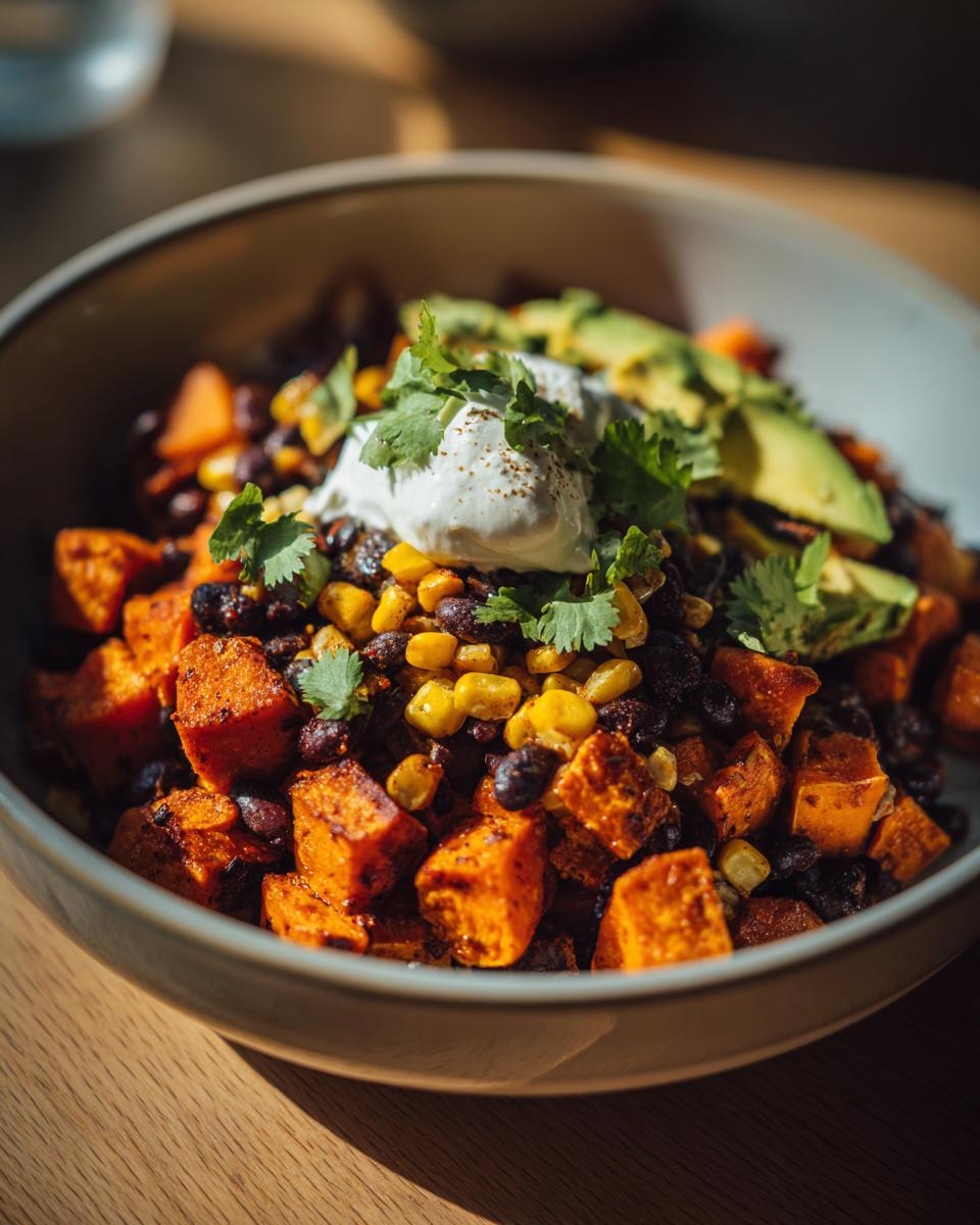 Close-up of a vibrant sweet potato taco bowl featuring roasted sweet potatoes, black beans, corn, topped with sour cream, avocado, and cilantro.