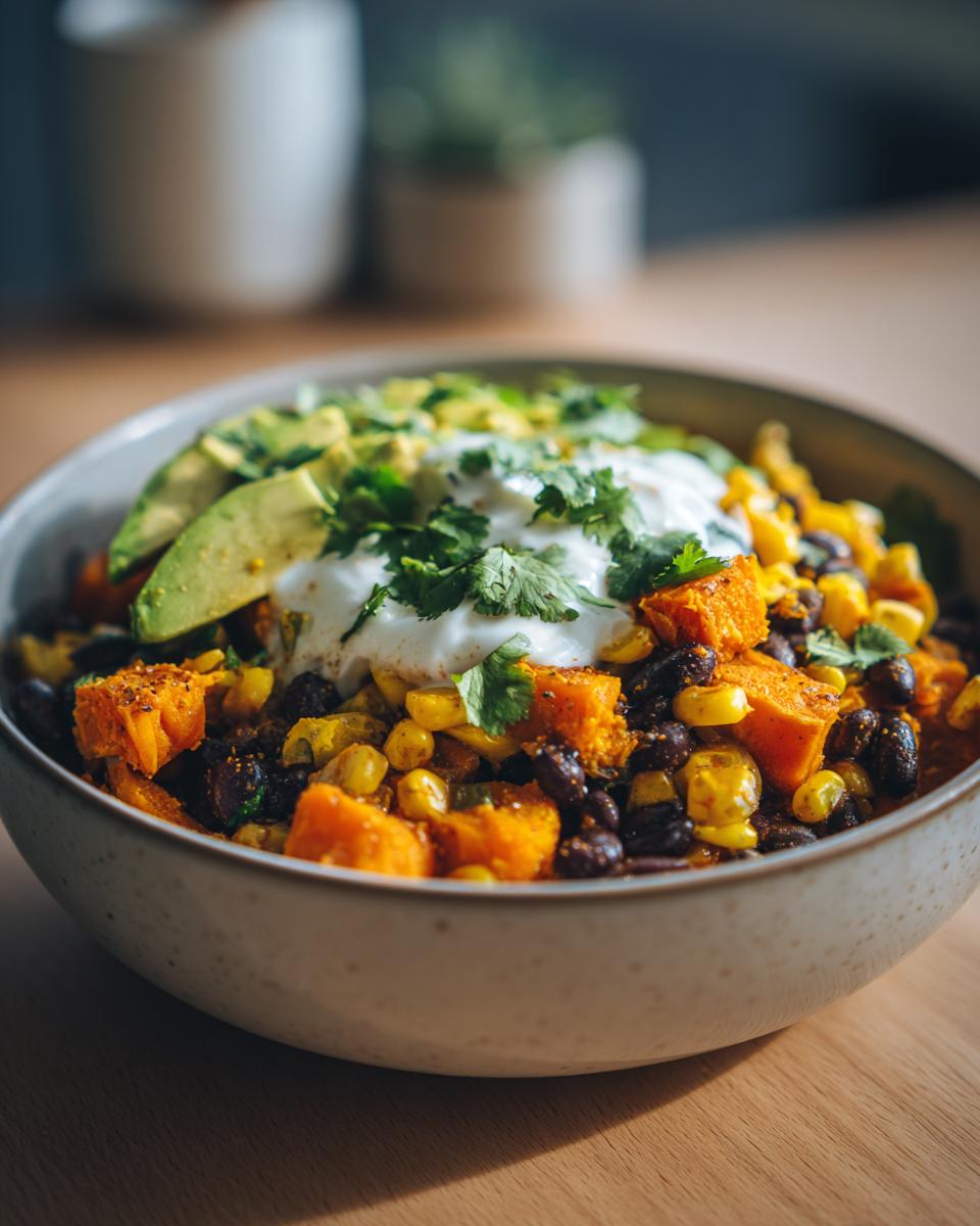 Close-up of a vibrant sweet potato taco bowl featuring roasted sweet potatoes, black beans, corn, topped with avocado, sour cream, and cilantro.