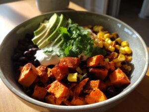 Close-up of a vibrant sweet potato taco bowl featuring roasted sweet potatoes, black beans, corn, avocado slices, sour cream, and cilantro.