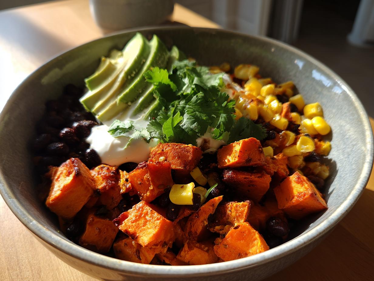 Close-up of a vibrant sweet potato taco bowl featuring roasted sweet potatoes, black beans, corn, avocado slices, sour cream, and cilantro.