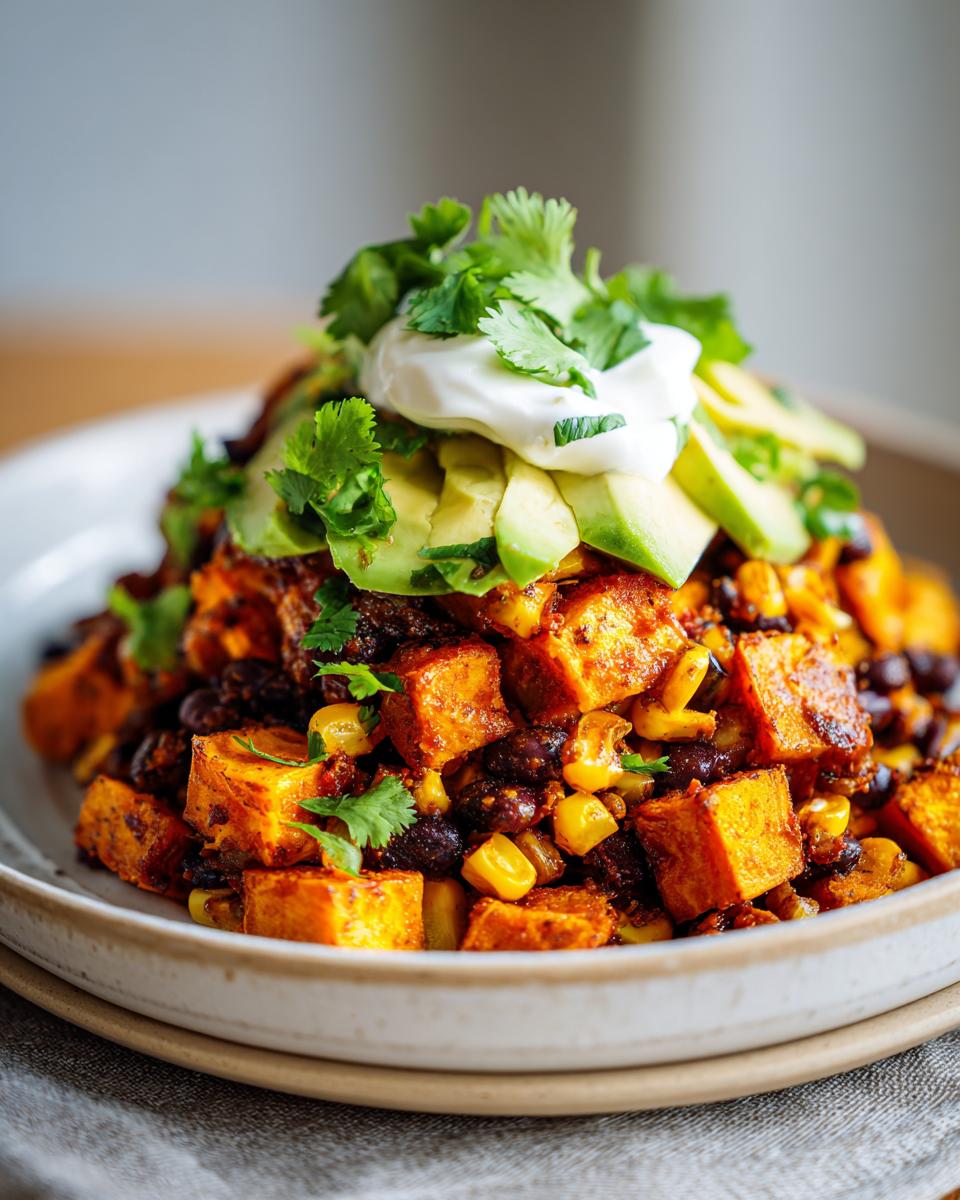 Close-up of a vibrant sweet potato taco bowl featuring seasoned sweet potato cubes, black beans, corn, topped with avocado, sour cream, and cilantro.