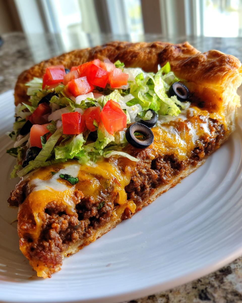 A thick slice of taco pizza showing a deep layer of seasoned ground beef, melted cheese, lettuce, tomatoes, and olives.