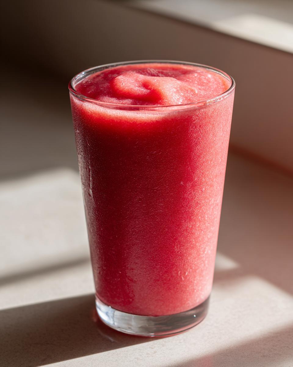 A tall glass filled with a bright red, icy watermelon smoothie, glistening in natural sunlight.