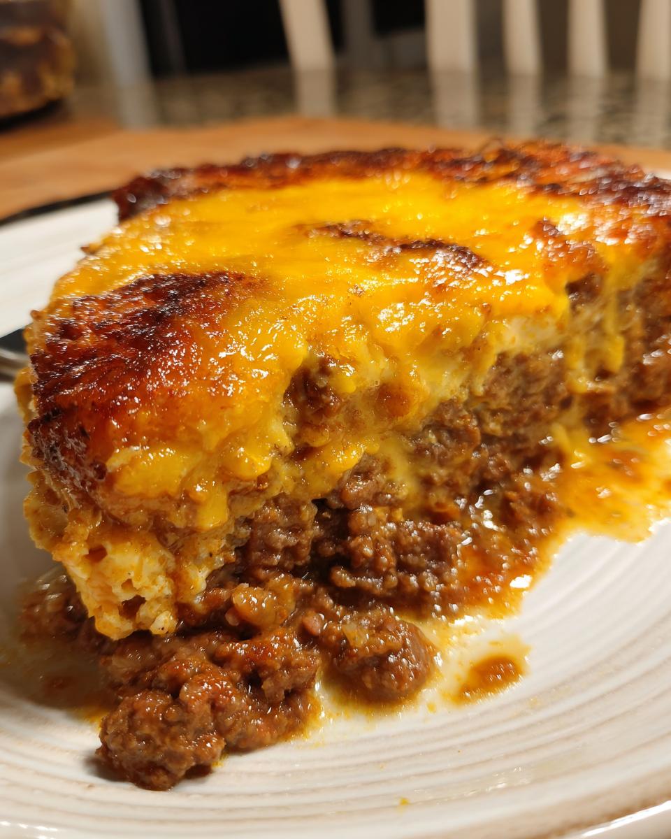 A close-up cross-section of hot, baked texas trash dip showing a layer of seasoned ground meat topped with bubbly, browned cheddar cheese.