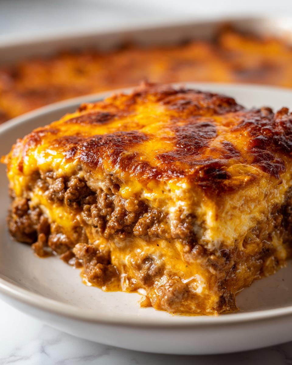 Close-up of a square serving of hot, baked texas trash dip layered with seasoned ground meat and melted, browned cheese.