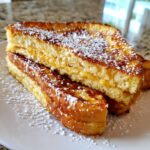 Close-up of thick, golden brown stuffed french toast dusted heavily with powdered sugar on a white plate.