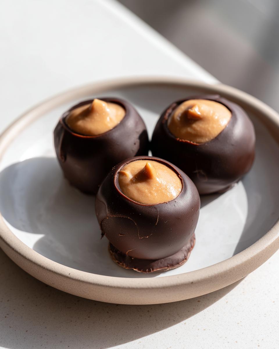 Three decadent peanut butter balls partially dipped in dark chocolate, sitting on a light ceramic plate.