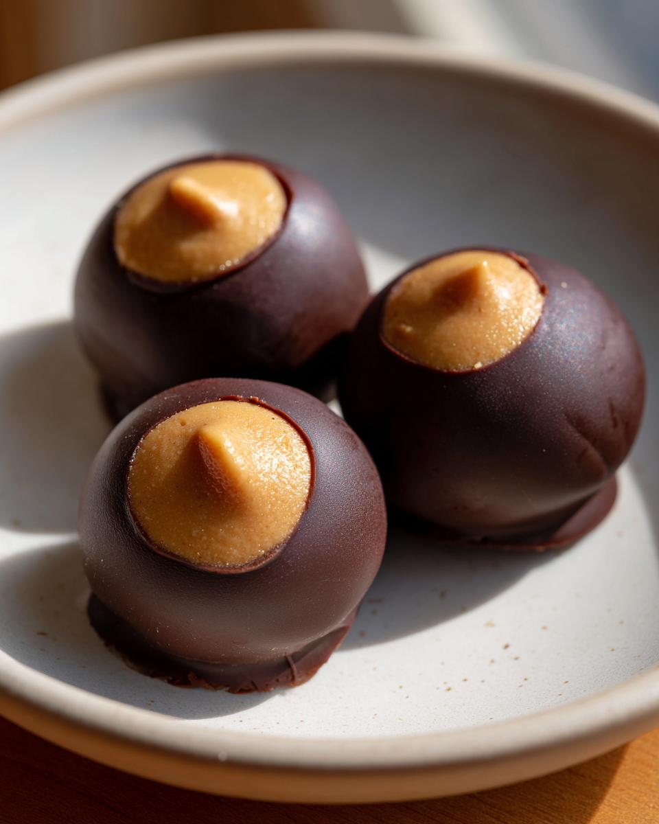 Three delicious peanut butter balls partially dipped in dark chocolate, sitting on a light ceramic plate.