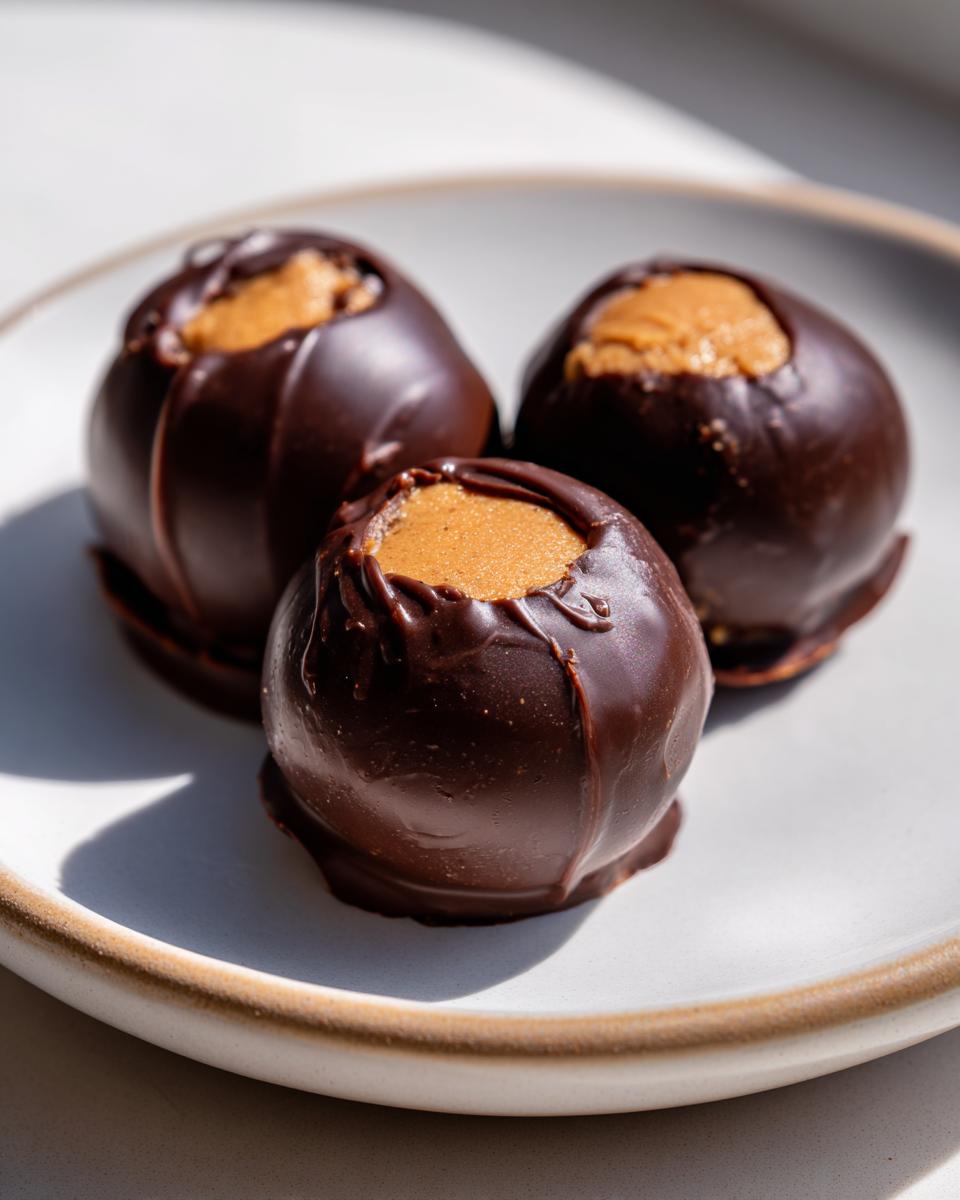 Three decadent chocolate-covered peanut butter balls displayed on a light plate, showing the creamy peanut butter center.