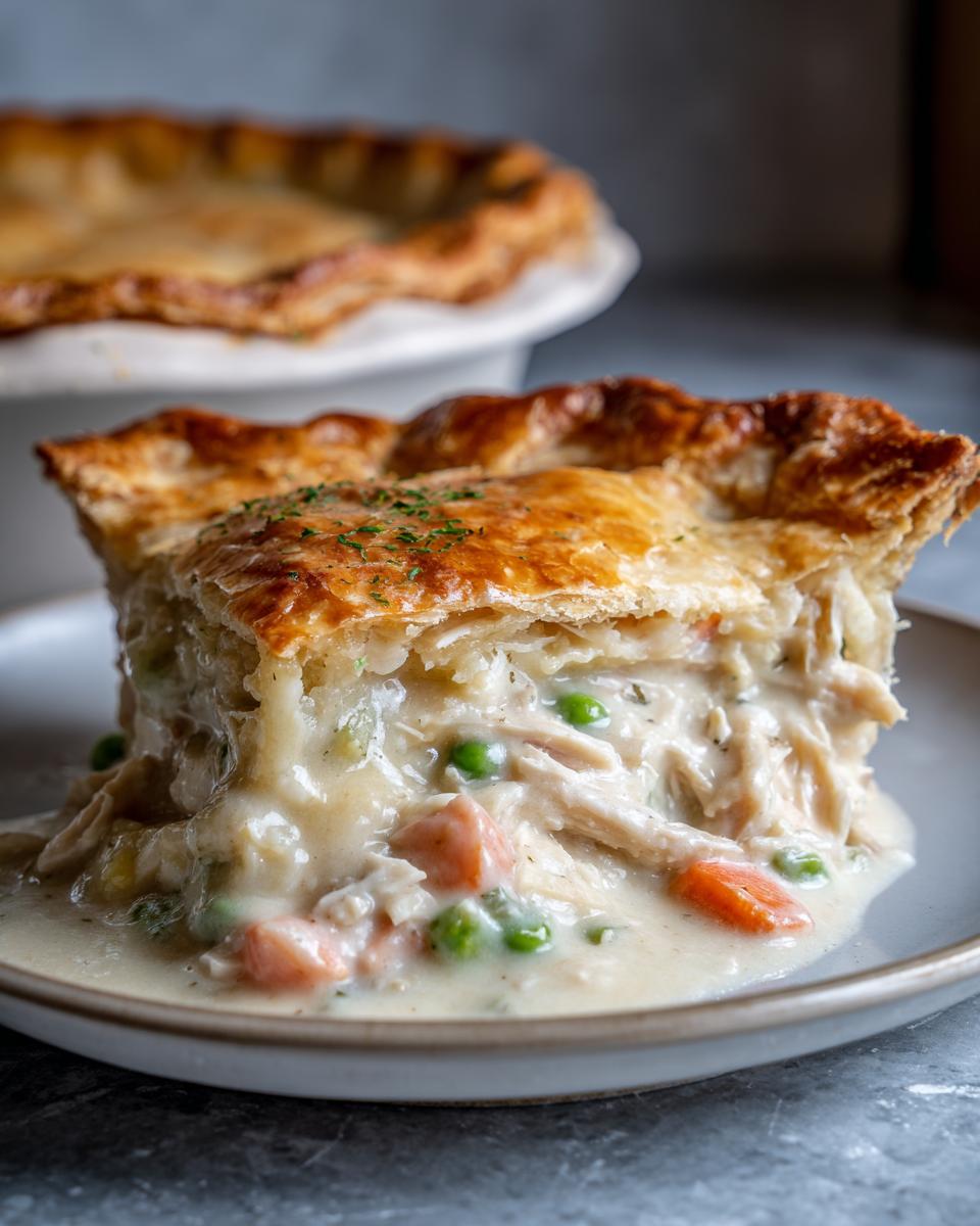 Close-up of a generous slice of turkey pot pie recipe, showing creamy filling with turkey, carrots, and peas under a golden, flaky crust.