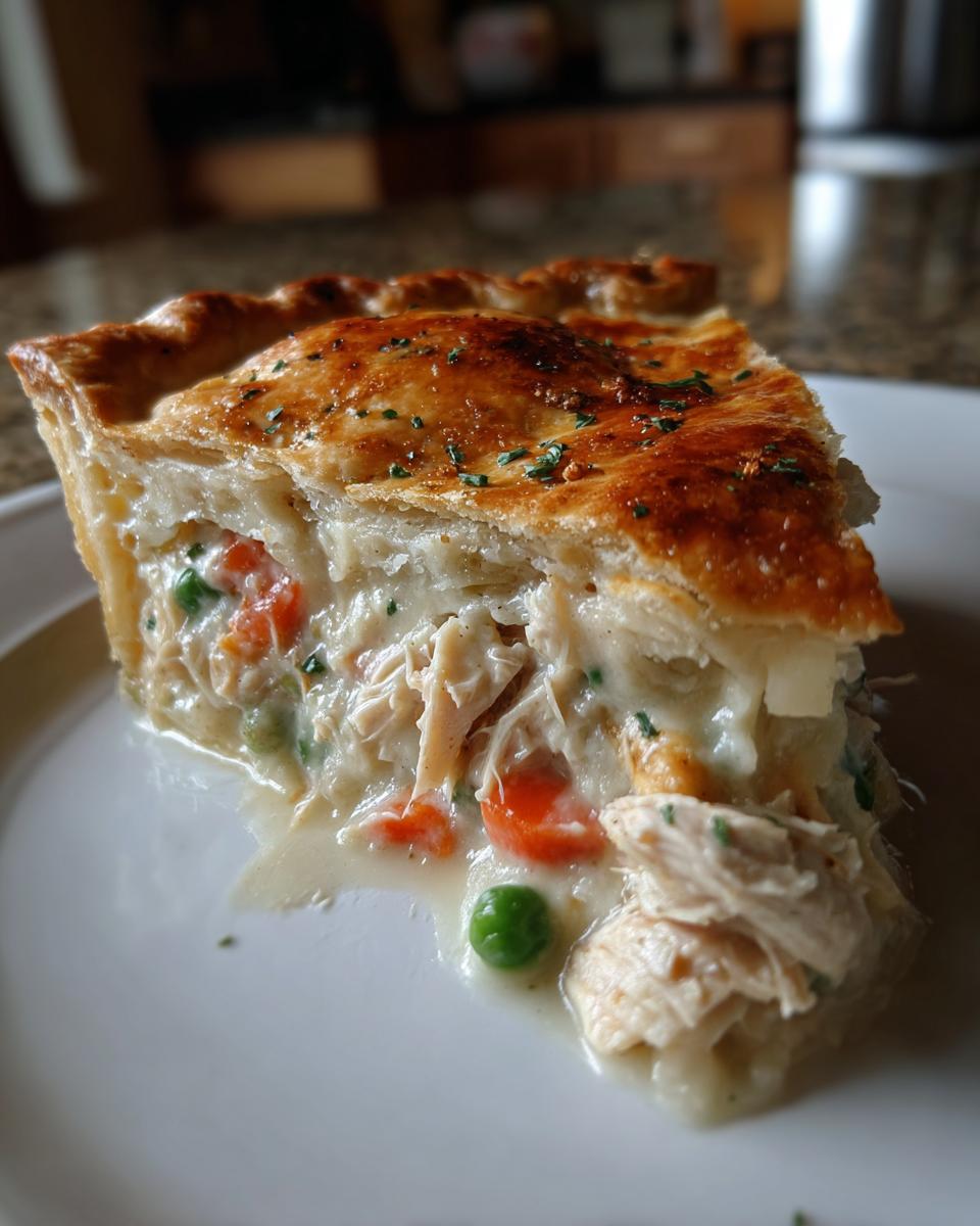 A close-up slice of a creamy turkey pot pie recipe showing shredded turkey, carrots, and peas under a flaky, golden-brown crust.