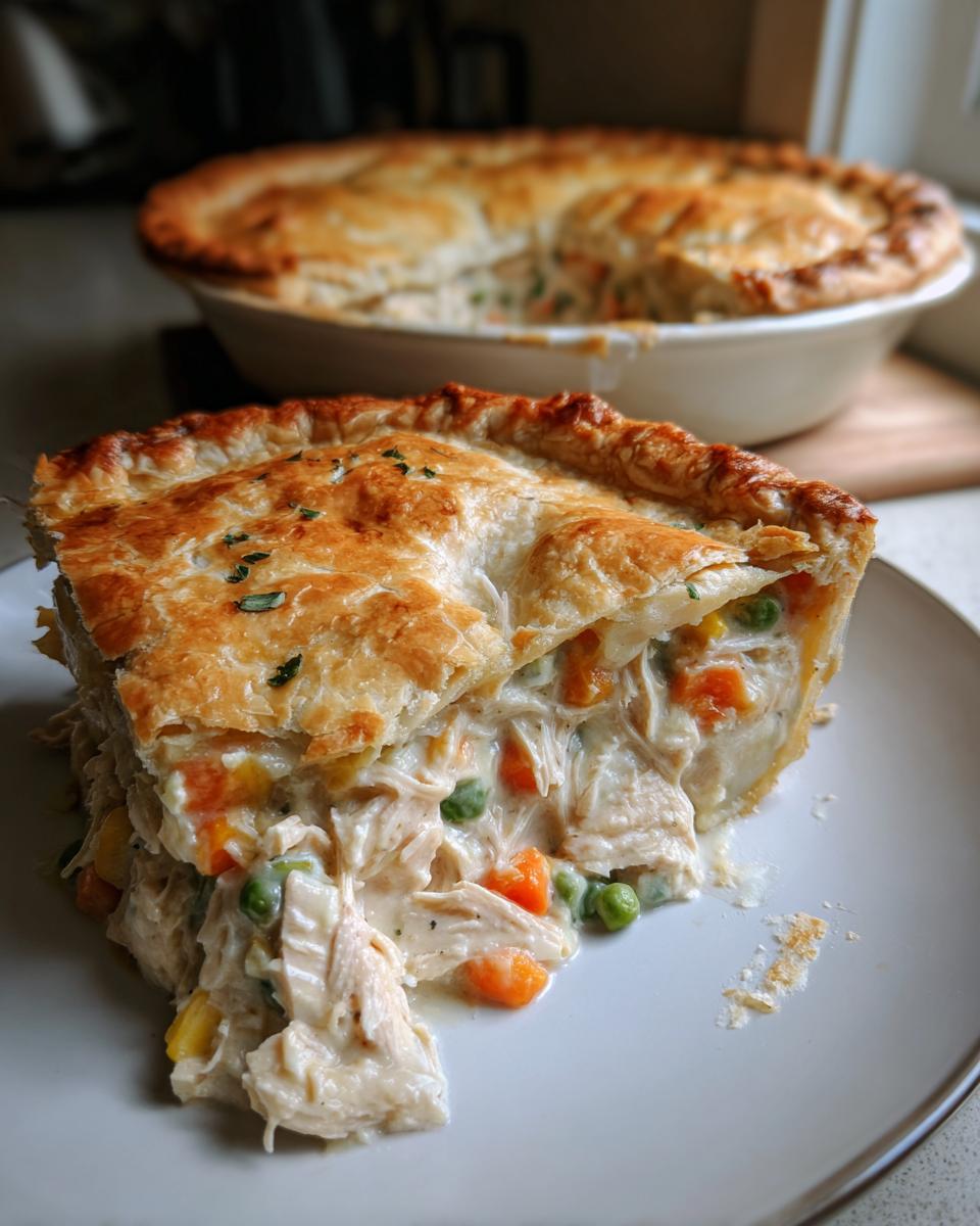 A generous slice of turkey pot pie recipe showing creamy filling, shredded turkey, peas, and carrots under a flaky, golden-brown crust.