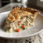A close-up slice of turkey pot pie recipe showing creamy filling with shredded turkey, carrots, and peas under a golden, flaky crust.