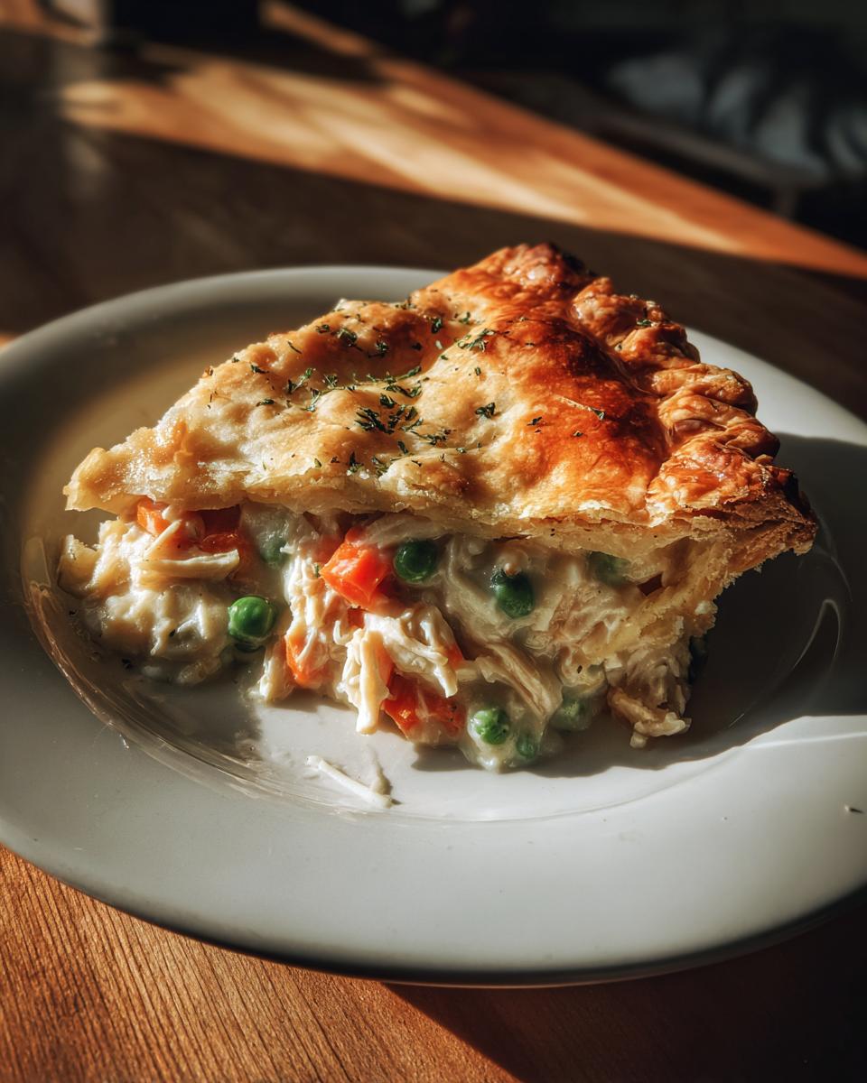 A golden slice of turkey pot pie recipe filling with shredded turkey, peas, and carrots, topped with a flaky crust.