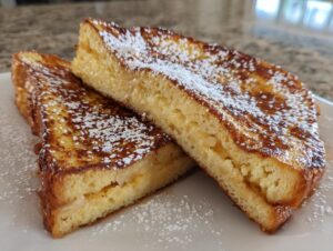 Close-up of two thick slices of golden brown french toast dusted heavily with powdered sugar.