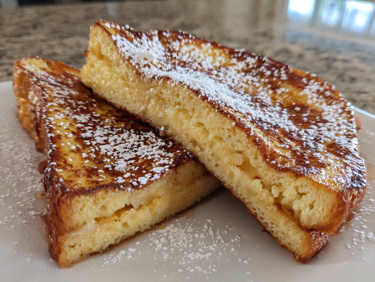 Close-up of two thick slices of golden brown french toast dusted heavily with powdered sugar.