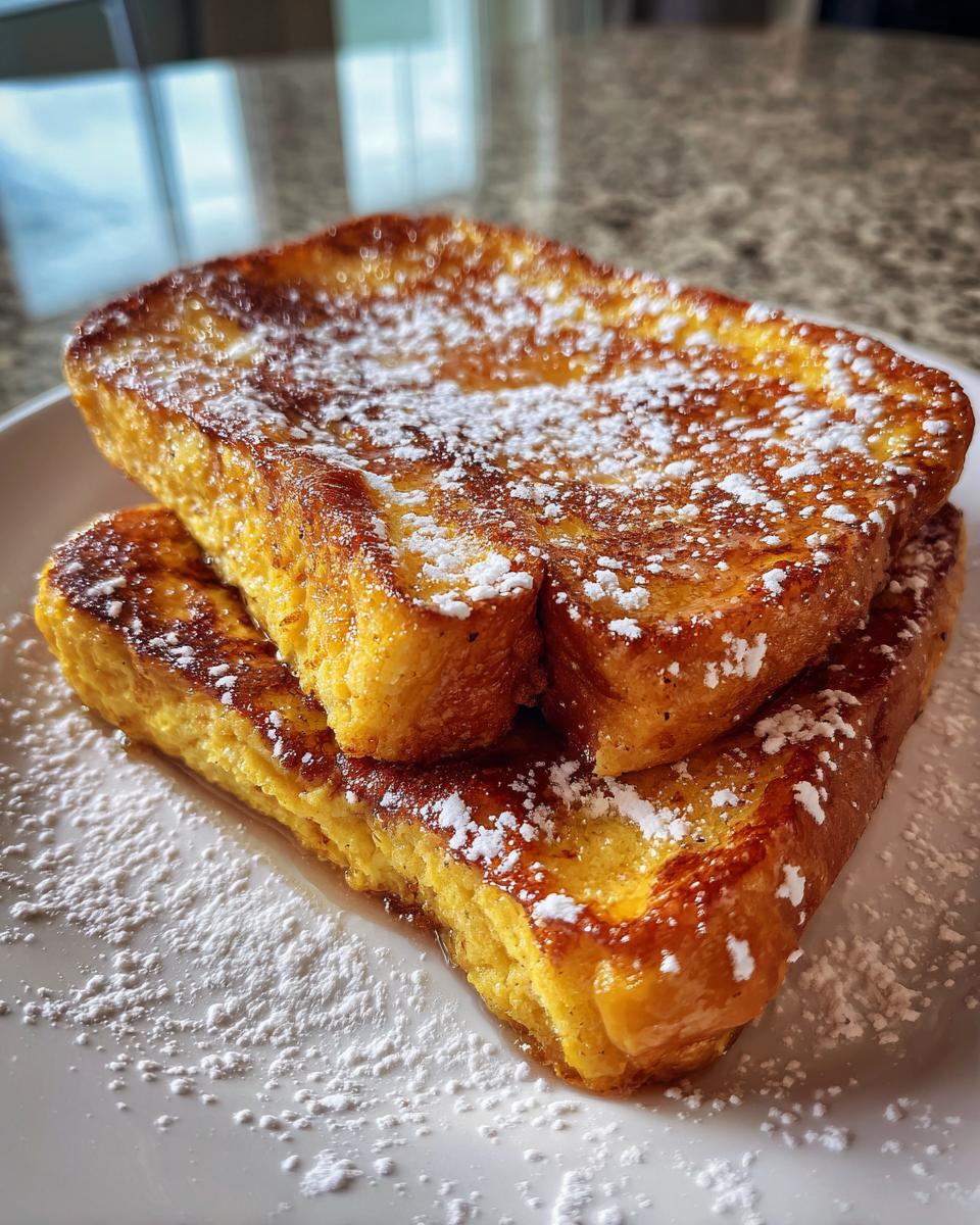 Close-up of a stack of thick, golden brown french toast dusted generously with powdered sugar.