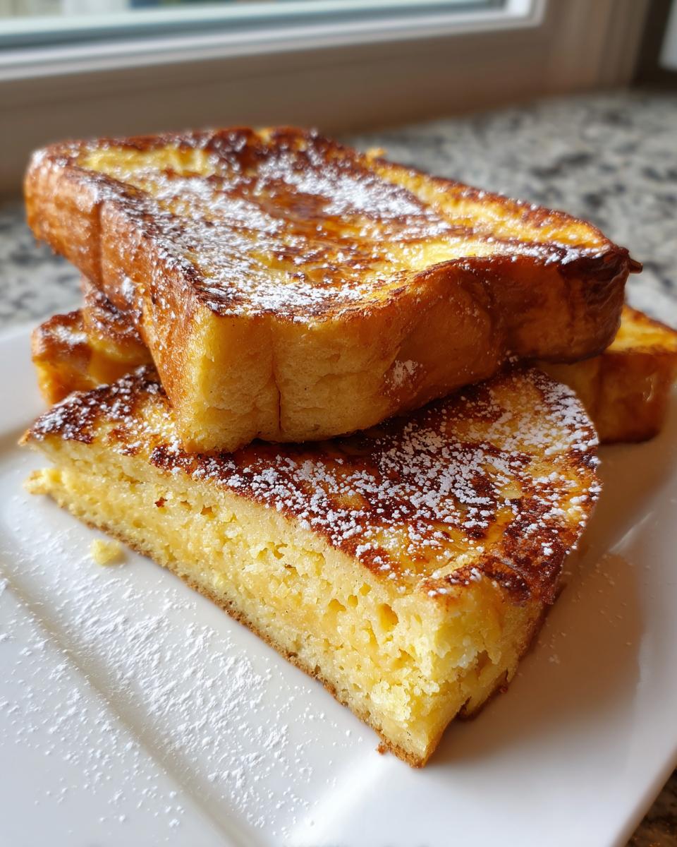 Close-up of thick-cut french toast slices stacked on a white plate, dusted heavily with powdered sugar.