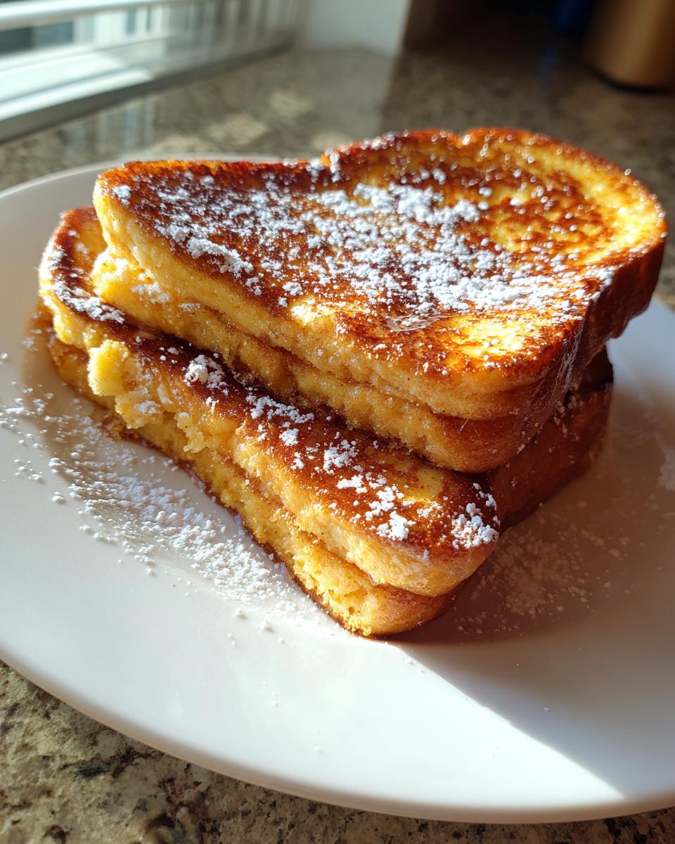 A stack of thick, golden brown french toast dusted generously with powdered sugar, sitting on a white plate.