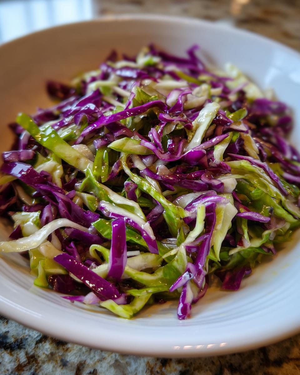 Close-up of a vibrant cabbage salad featuring shredded red and green cabbage tossed in a light dressing.