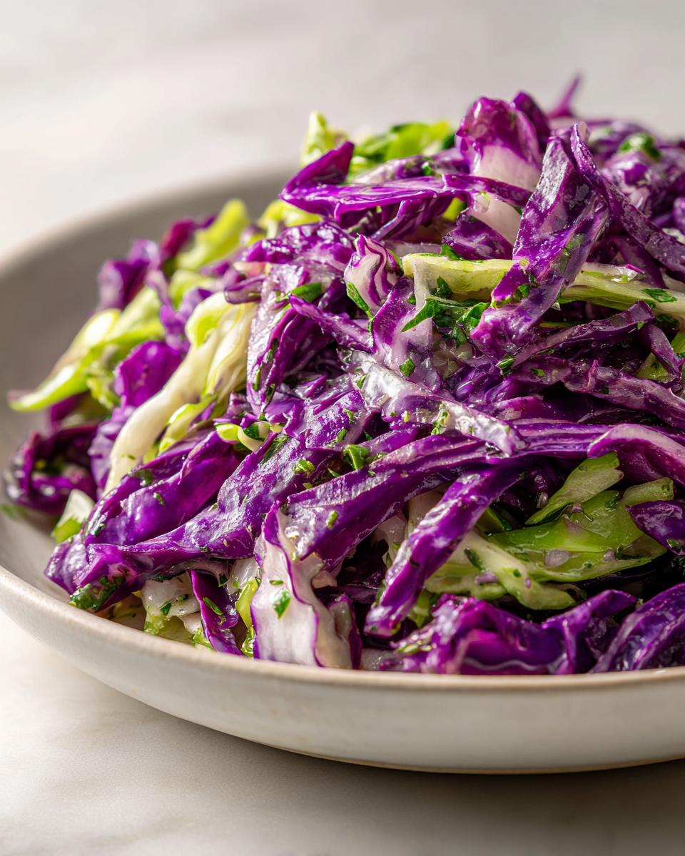 Close-up of a vibrant red cabbage salad mixed with green ingredients and herbs in a light-colored bowl.