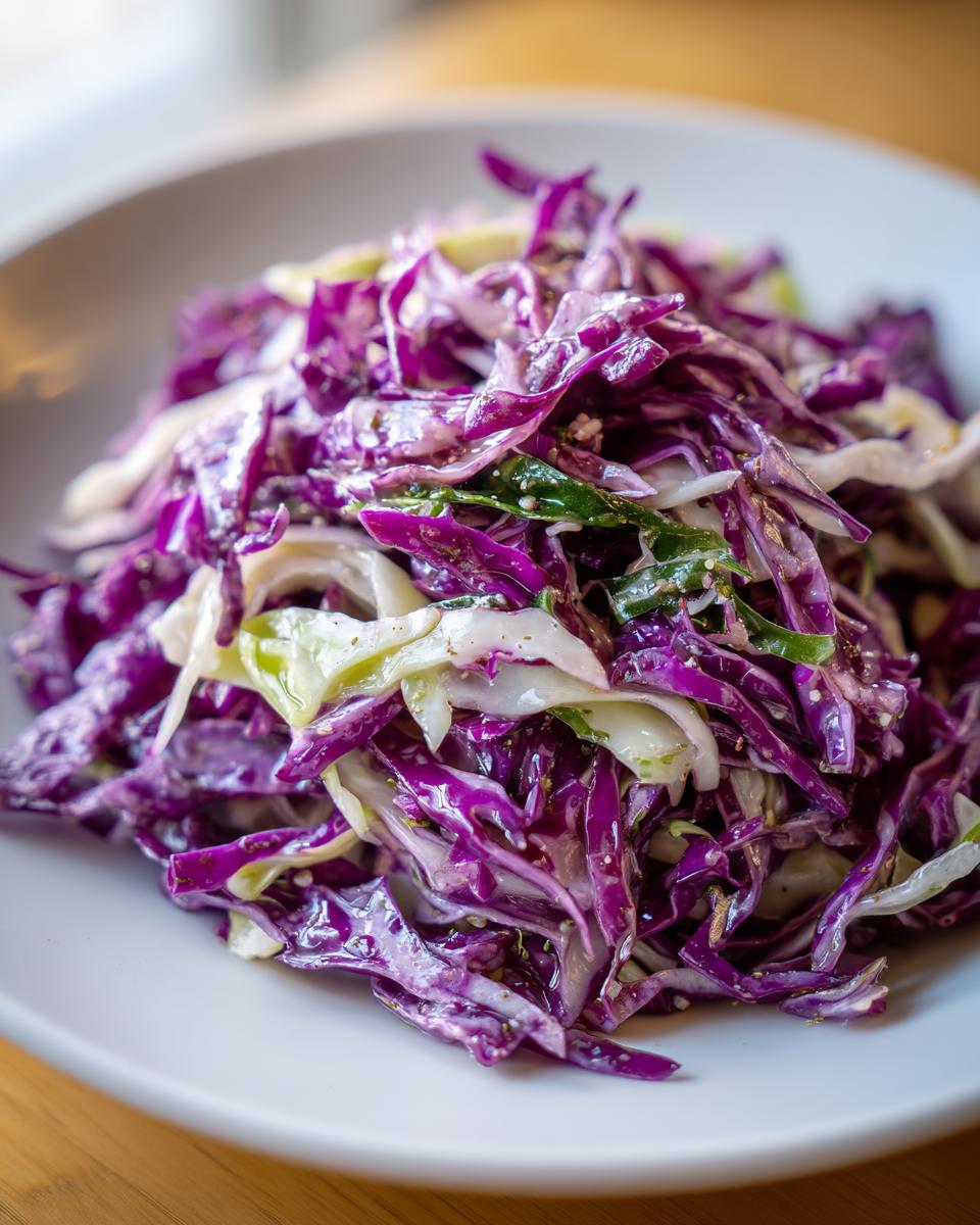 Close-up of a vibrant, creamy cabbage salad made with shredded red and white cabbage.
