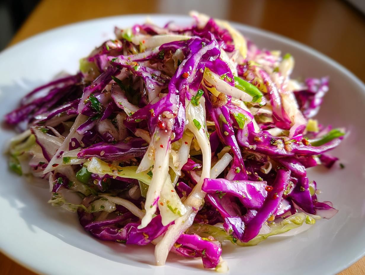 Close-up of a vibrant, freshly dressed cabbage salad featuring shredded red and white cabbage.