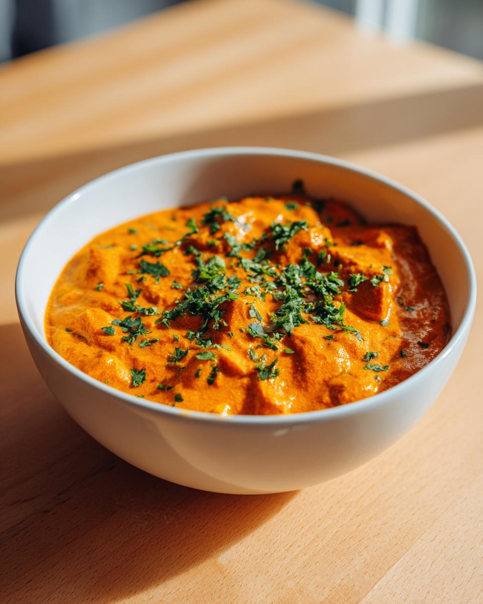 A close-up of creamy, vibrant orange pumpkin curry garnished with fresh chopped cilantro in a white bowl.