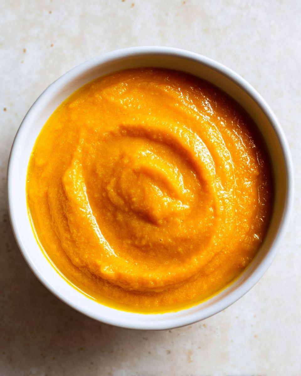 Close-up overhead view of creamy, vibrant orange squash soup swirled in a white bowl.