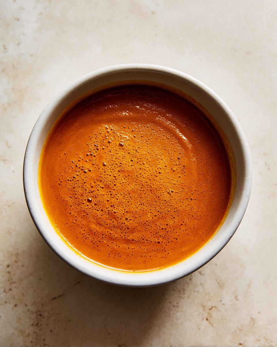 Overhead view of a bowl filled with rich, orange squash soup, showing a slight froth on the surface.