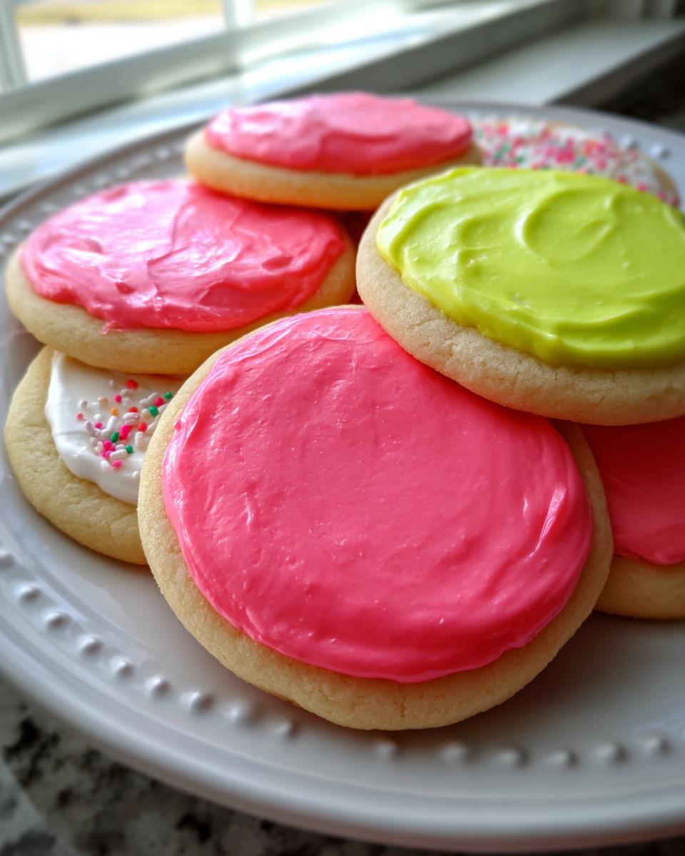 Close-up of sugar cookies topped with vibrant pink and lime green sugar cookie icing, some with sprinkles.
