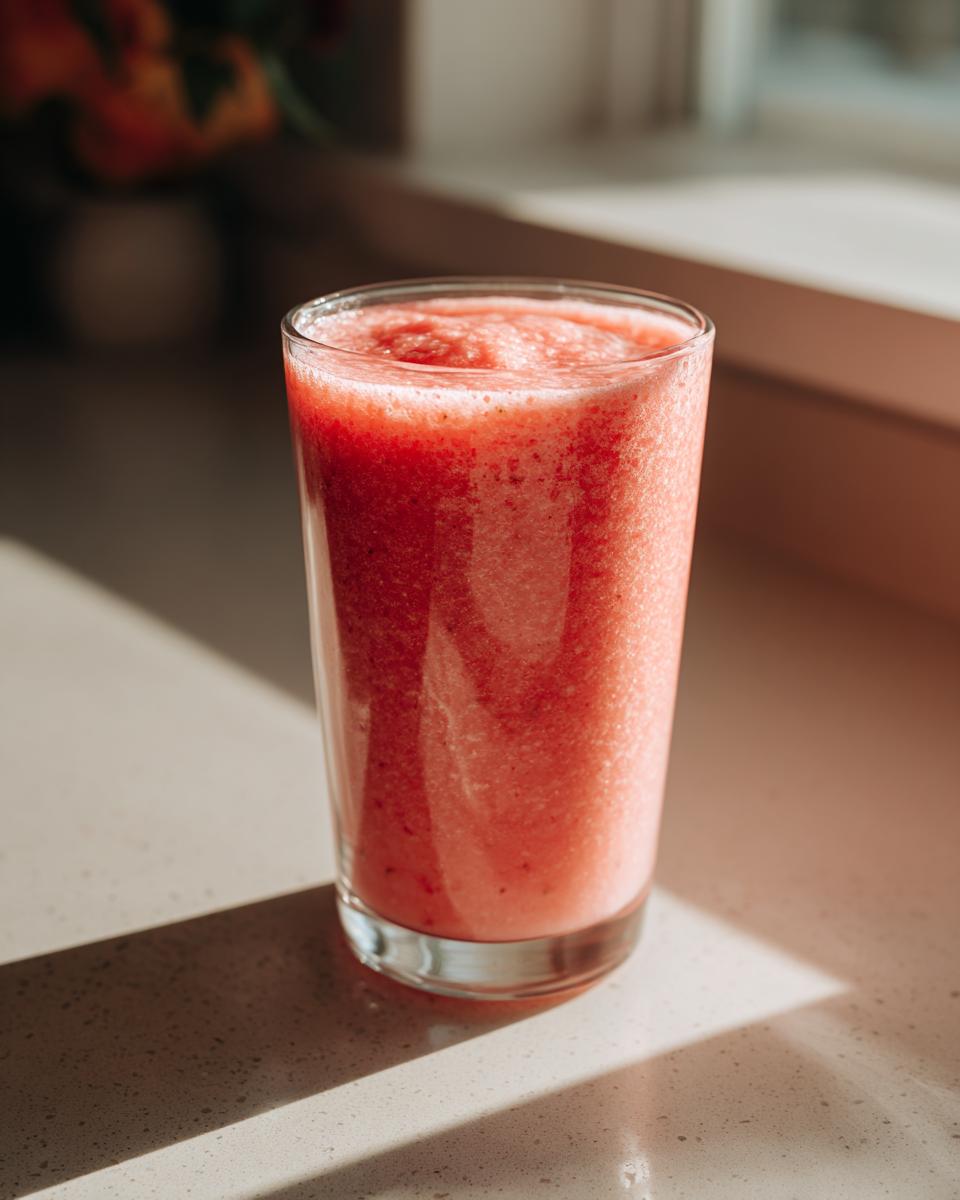 A tall glass filled with a vibrant pink watermelon smoothie, sitting on a light countertop in bright sunlight.
