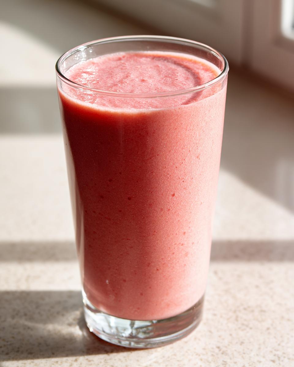 Close-up of a vibrant pink, frothy watermelon smoothie served in a tall glass, backlit by sunlight.
