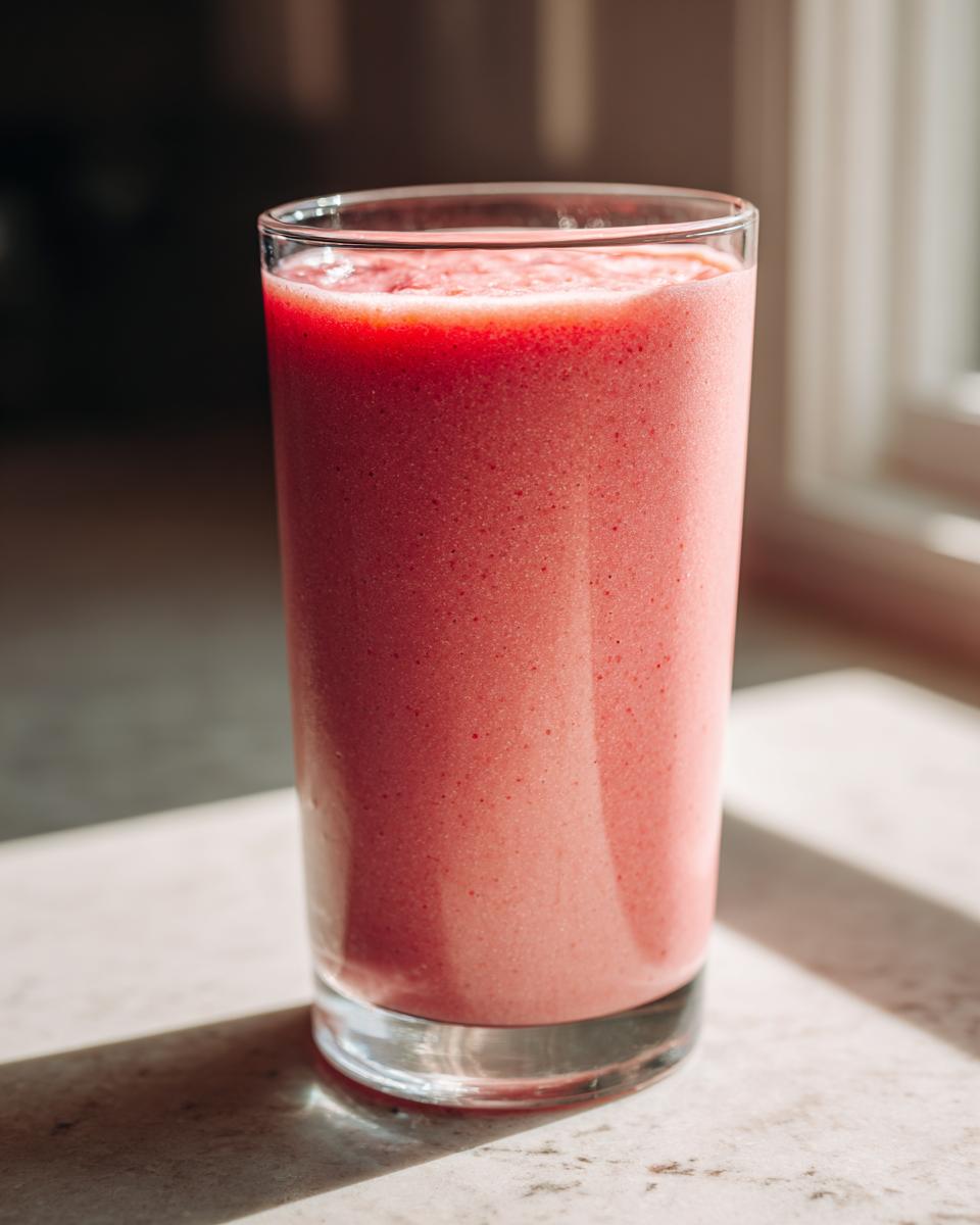 A tall glass filled with a thick, bright pink watermelon smoothie, illuminated by sunlight.