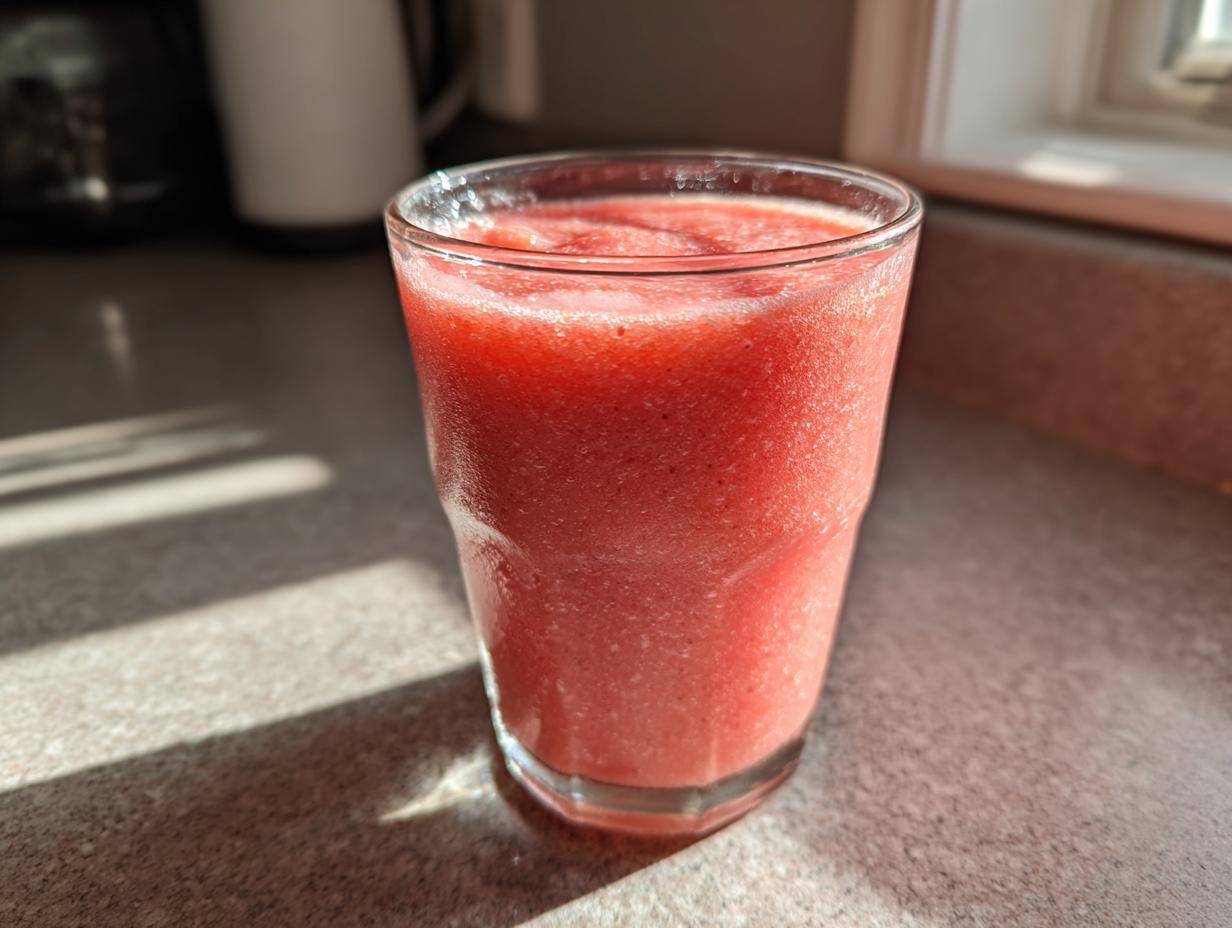 A glass filled with a vibrant, icy watermelon smoothie sitting on a kitchen counter in bright sunlight.