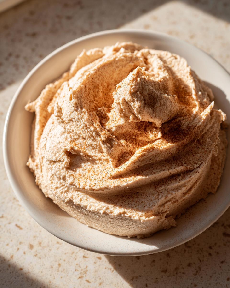 A close-up of freshly whipped cinnamon butter, swirled high in a light-colored bowl and dusted with cinnamon.