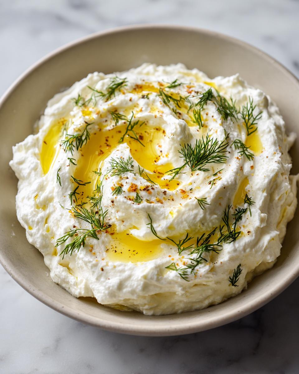 A bowl of fluffy, white whipped feta dip topped with olive oil, fresh dill, and spices.